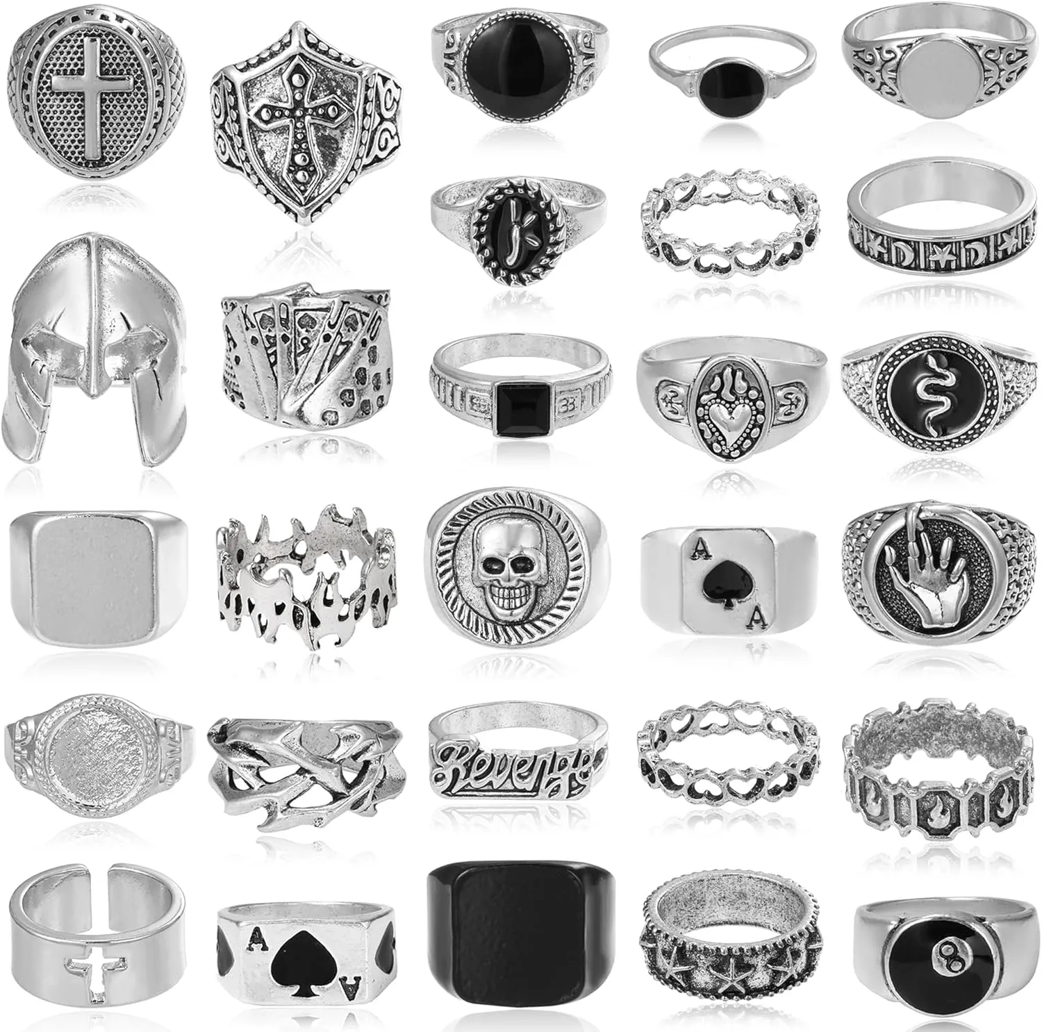 28 Pcs Vintage Silver Punk Rings Set for Men Cool Gothic Chunky Rings Statement Skull Cross Signet Ring Set