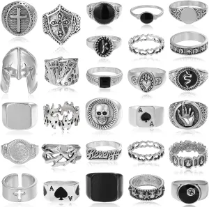 28 Pcs Vintage Silver Punk Rings Set for Men Cool Gothic Chunky Rings Statement Skull Cross Signet Ring Set