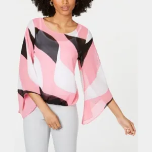 Alfani Petite Printed Bubble Top- Pink Twirl Block, Size XS