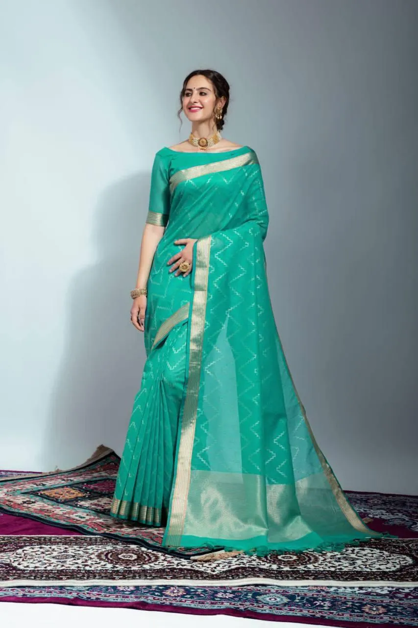 Aqua Green Chevron Linen Silk  Saree