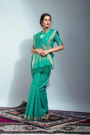 Aqua Green Chevron Linen Silk  Saree