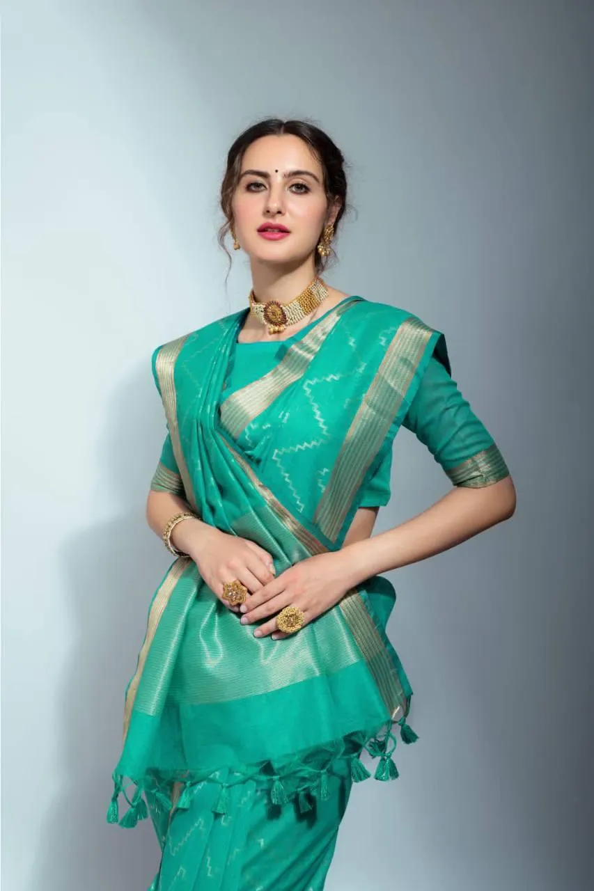 Aqua Green Chevron Linen Silk  Saree