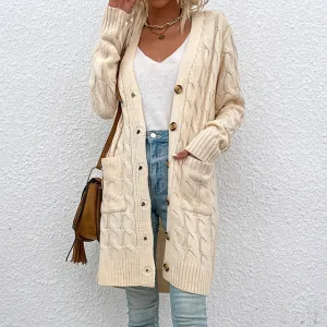 Autri Cardigan | Warm lang gestrickte Jacke mit Knöpfen und Taschen für Damen