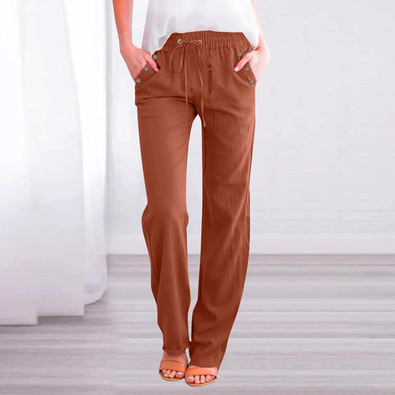 Baggy Linen Pants Women Summer Boho Wide Leg Pants Cotton Palazzo Pants Casual High Waisted Lounge Pants with Pockets