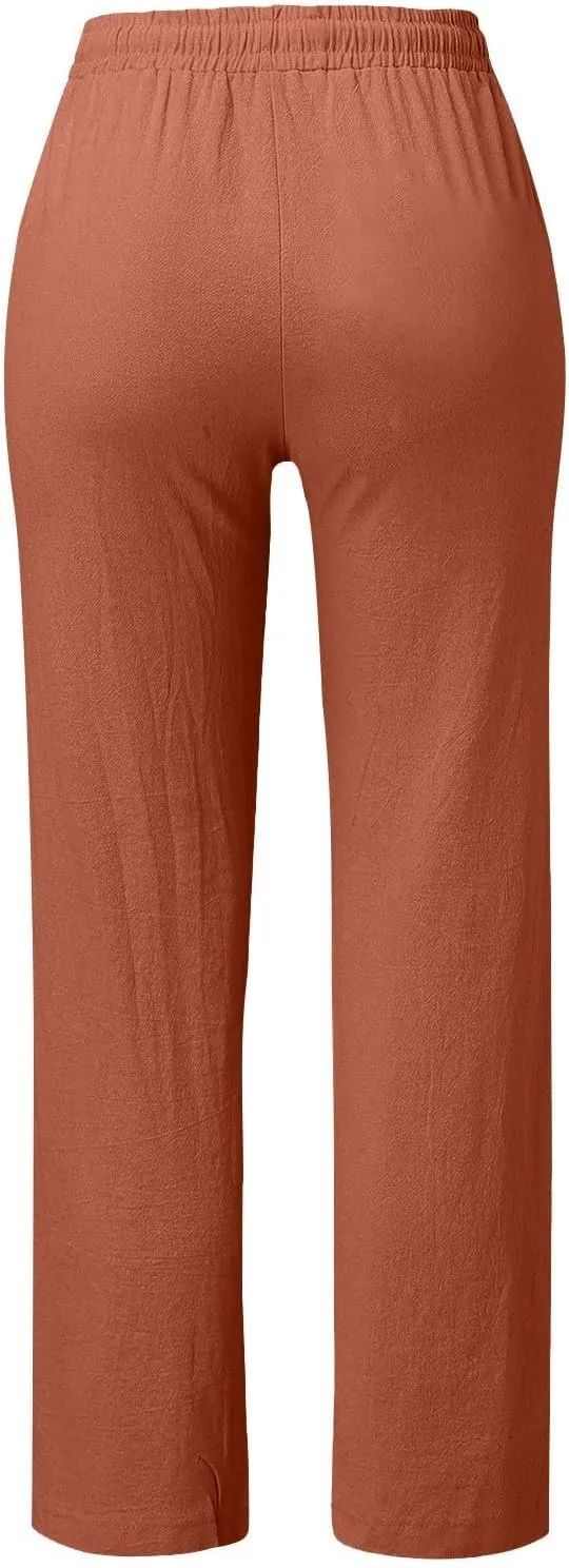 Baggy Linen Pants Women Summer Boho Wide Leg Pants Cotton Palazzo Pants Casual High Waisted Lounge Pants with Pockets