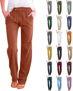 Baggy Linen Pants Women Summer Boho Wide Leg Pants Cotton Palazzo Pants Casual High Waisted Lounge Pants with Pockets