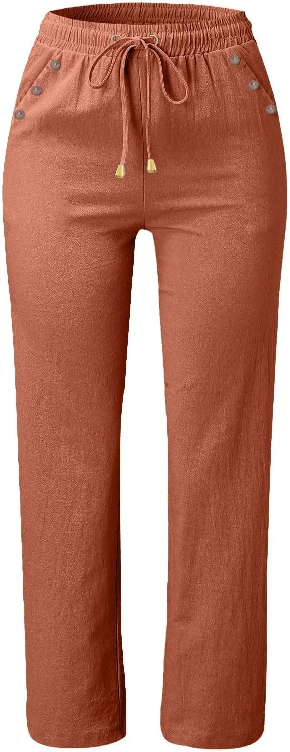 Baggy Linen Pants Women Summer Boho Wide Leg Pants Cotton Palazzo Pants Casual High Waisted Lounge Pants with Pockets