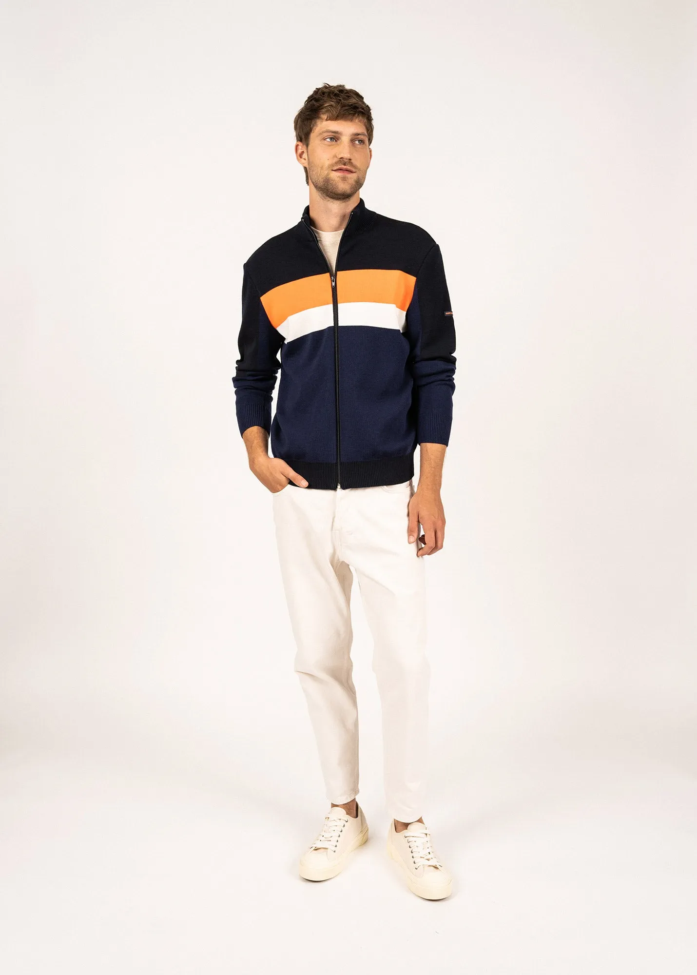 Barneville high neck zipped cardigan - with contrasting stripes (INSIGNE/NAVY/ORANGE FLUO/BLANC)