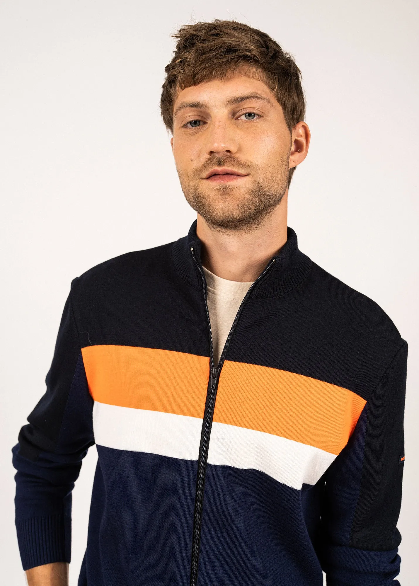 Barneville high neck zipped cardigan - with contrasting stripes (INSIGNE/NAVY/ORANGE FLUO/BLANC)