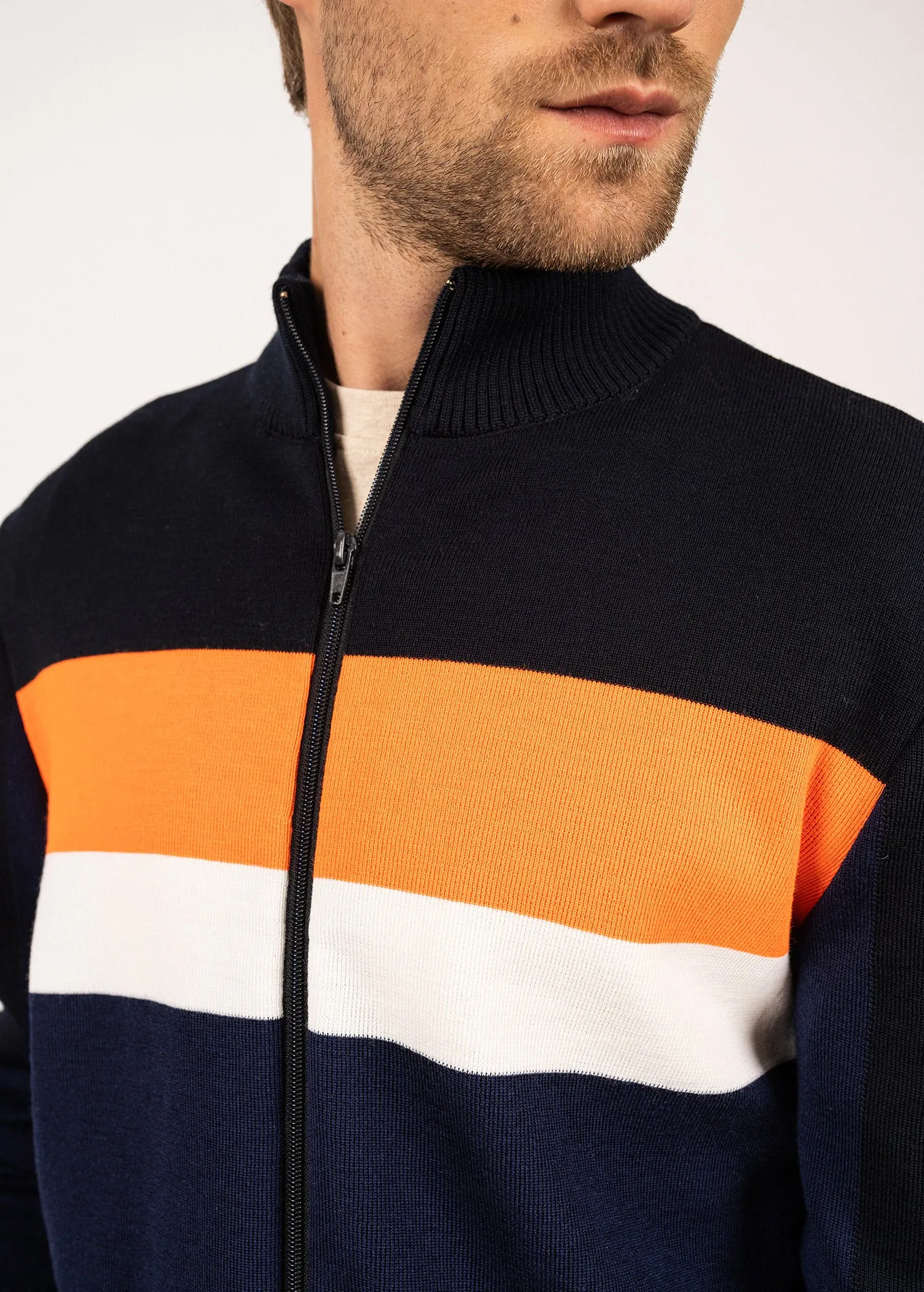 Barneville high neck zipped cardigan - with contrasting stripes (INSIGNE/NAVY/ORANGE FLUO/BLANC)