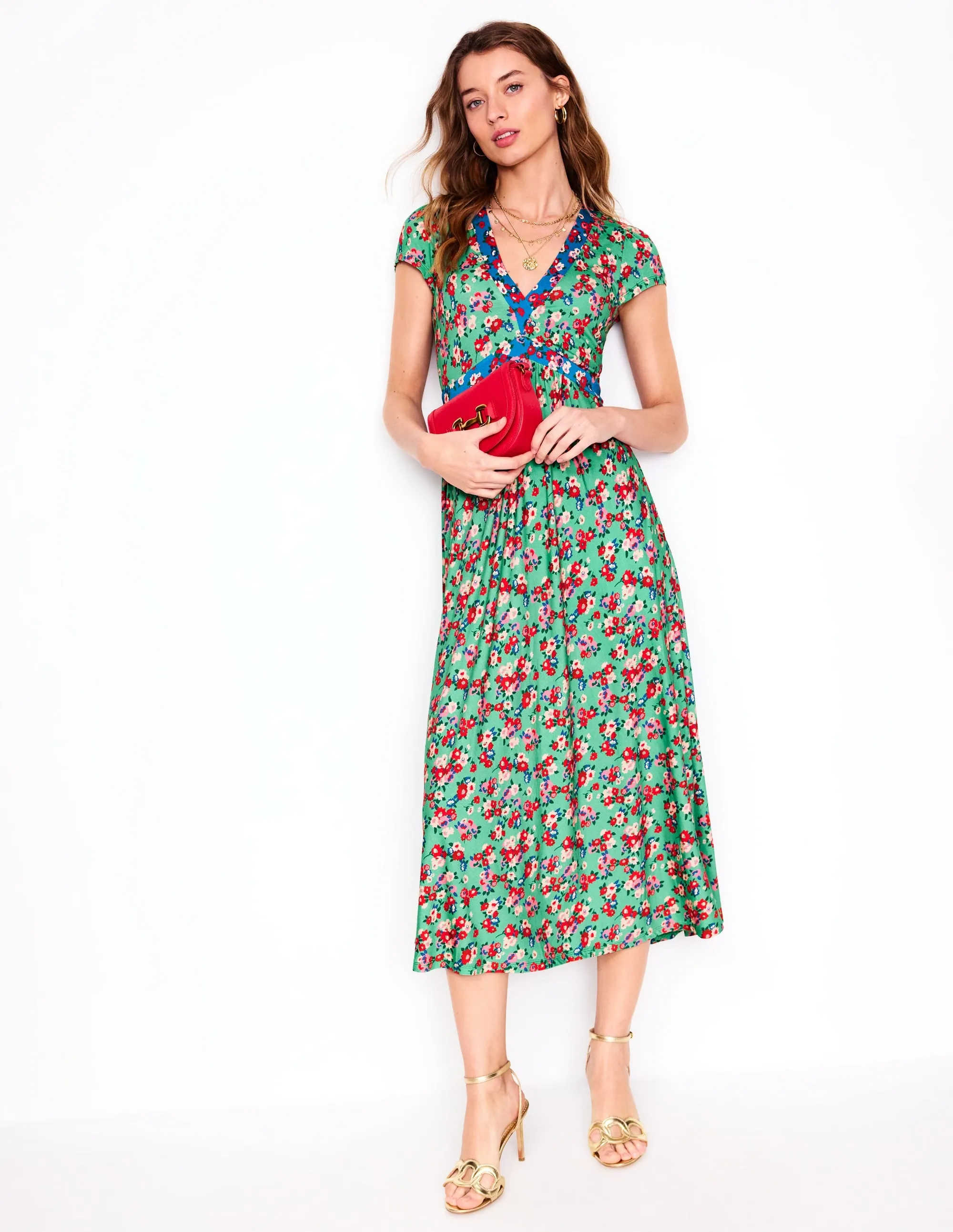 Bias Cut Jersey Midi Dress-Jade, Painterly Posy
