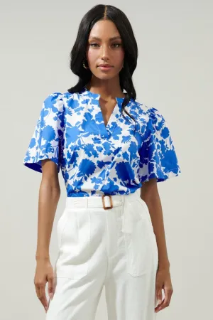 Blue/White Floral V-neck S/S Top