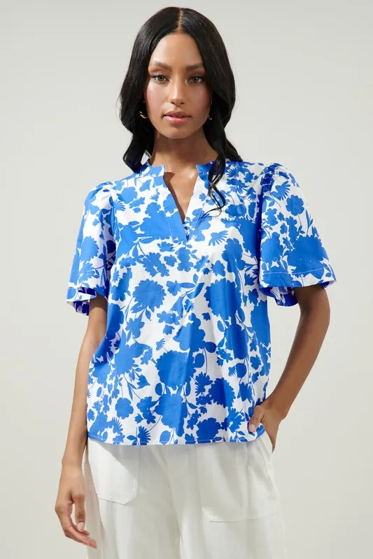 Blue/White Floral V-neck S/S Top