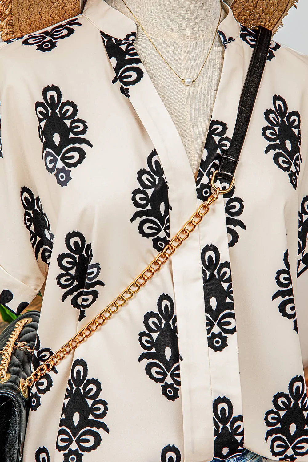 Boho Print Short Sleeve V Neck Blouse