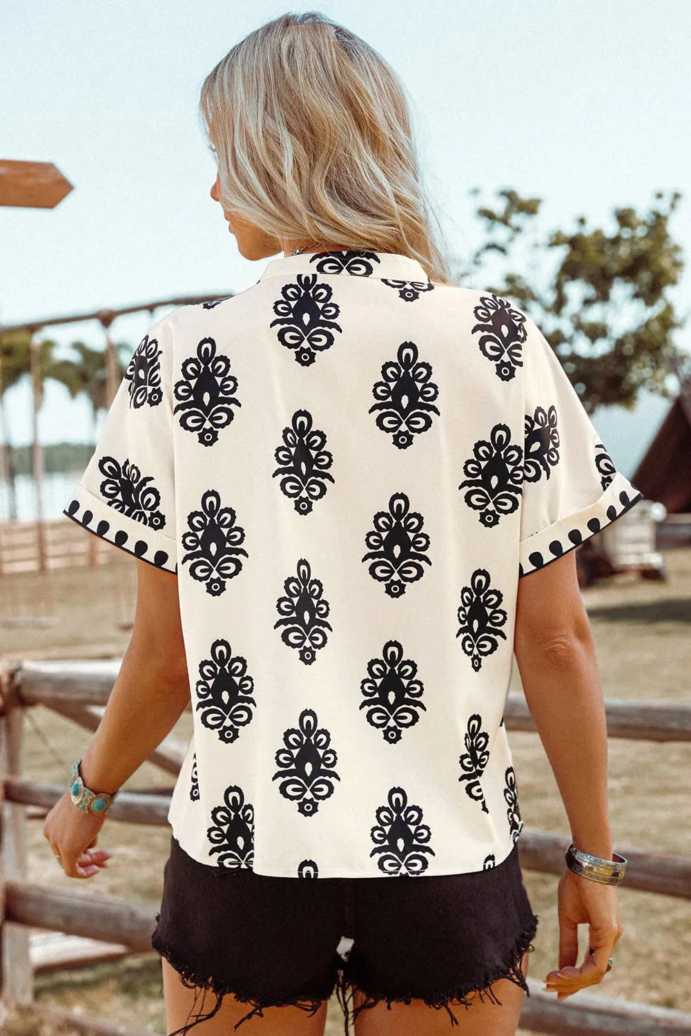Boho Print Short Sleeve V Neck Blouse