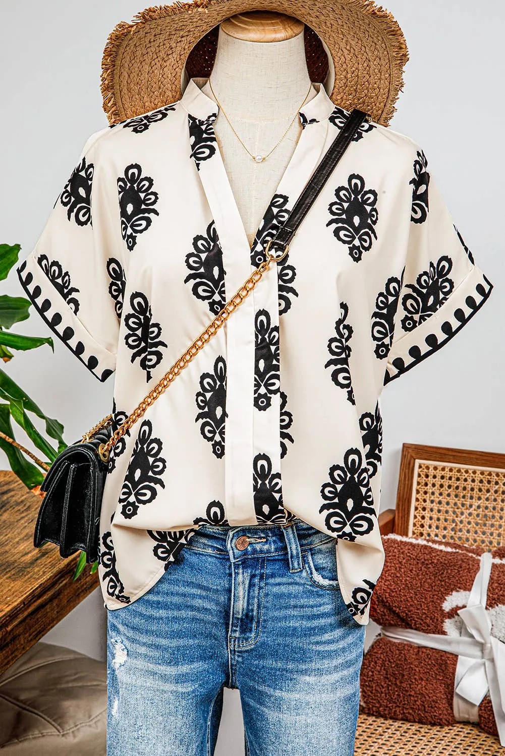 Boho Print Short Sleeve V Neck Blouse