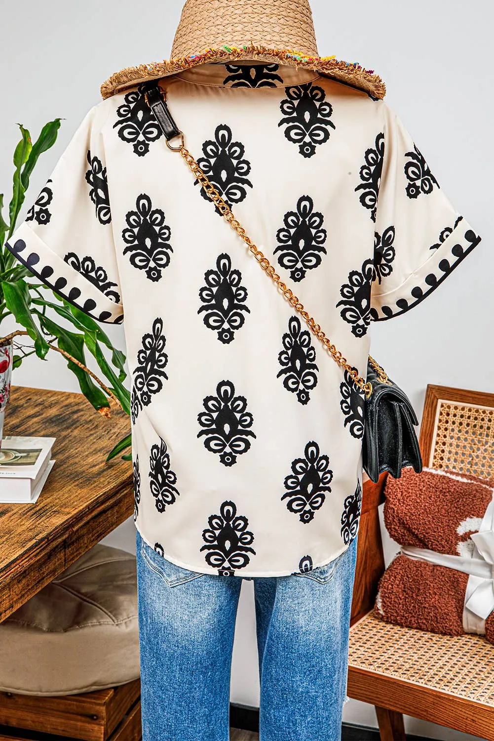 Boho Print Short Sleeve V Neck Blouse