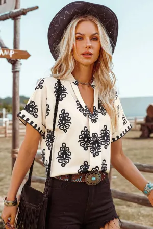 Boho Print Short Sleeve V Neck Blouse