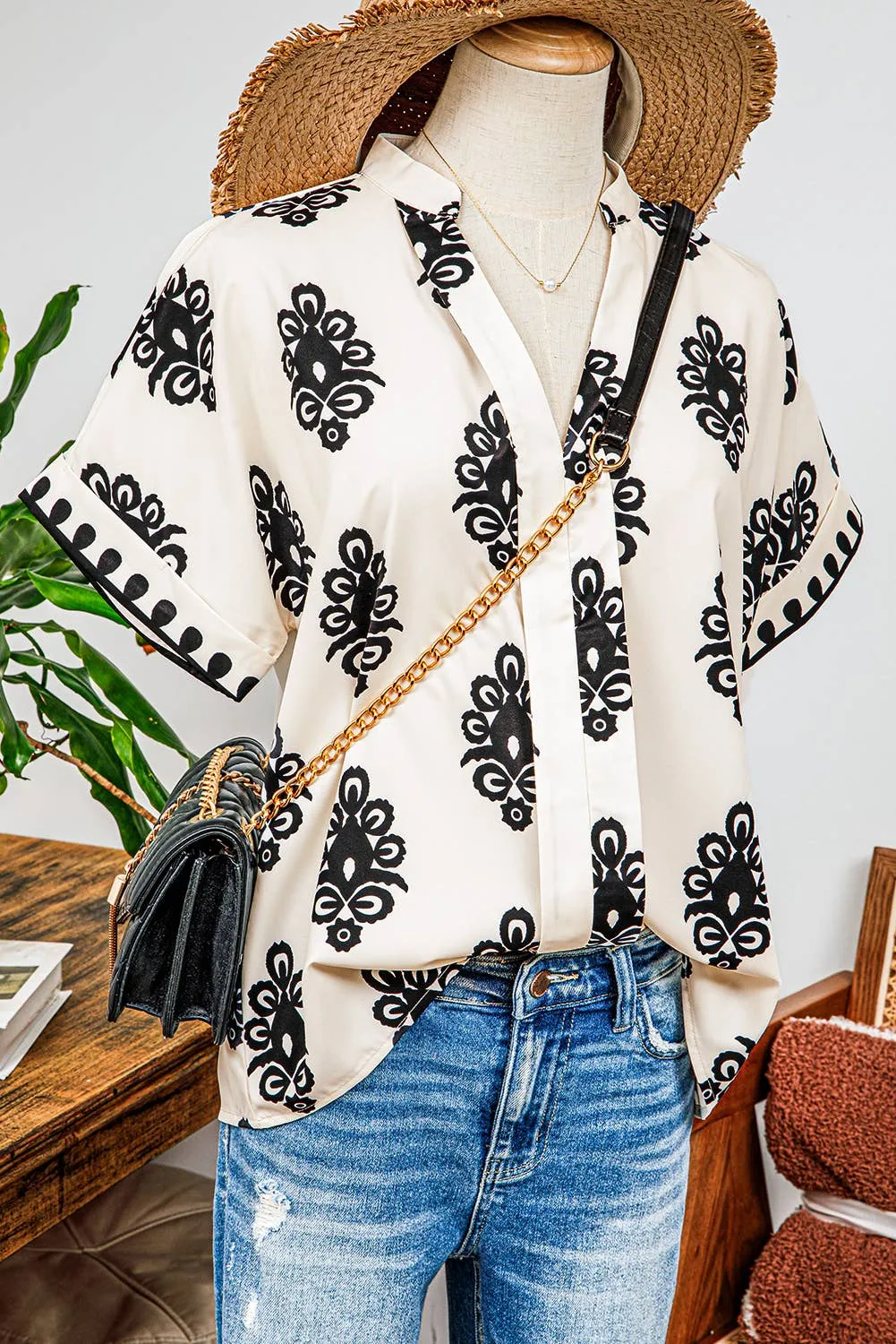 Boho Print Short Sleeve V Neck Blouse