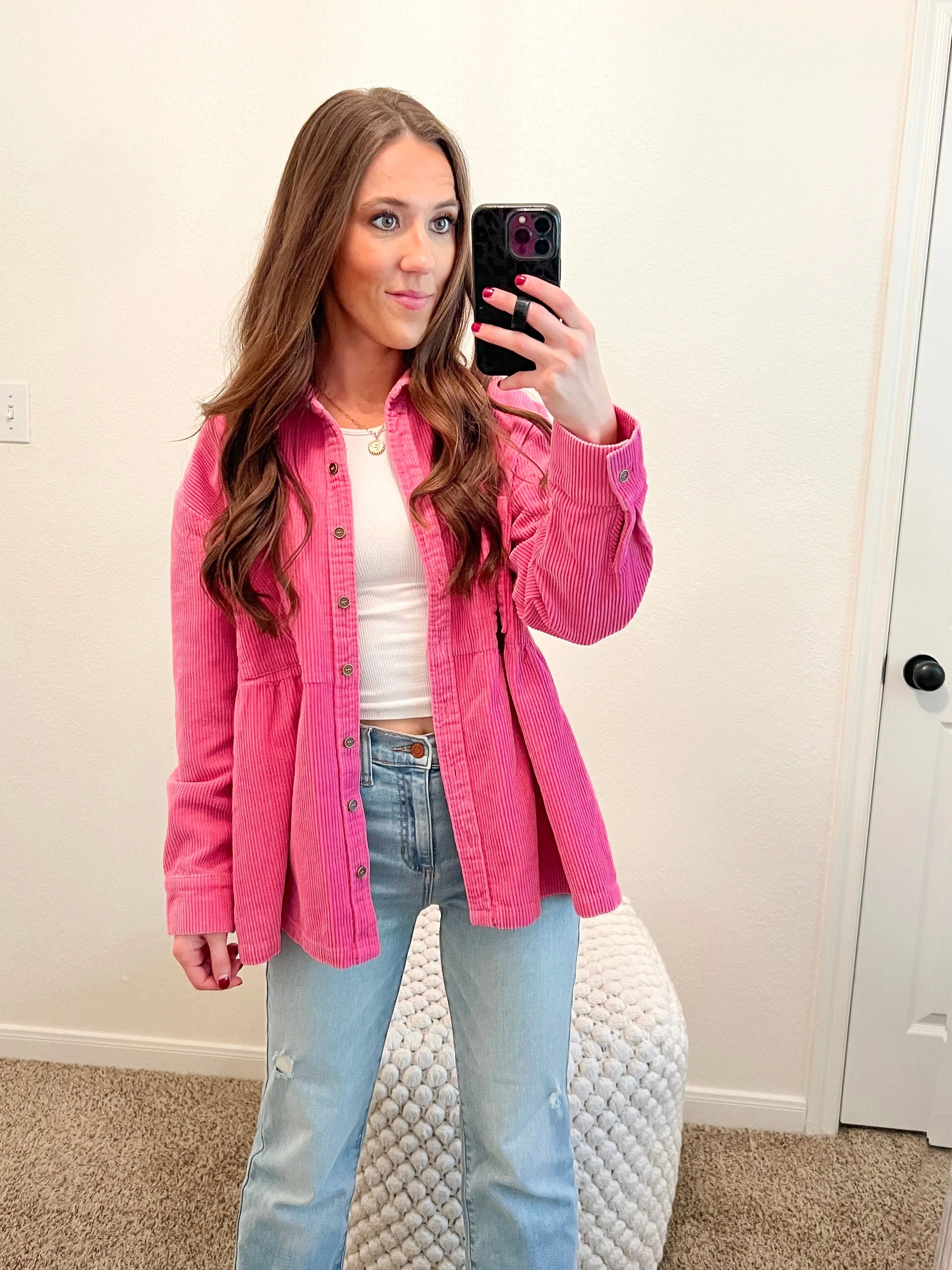 Bubblegum Corduroy Button Down Shacket