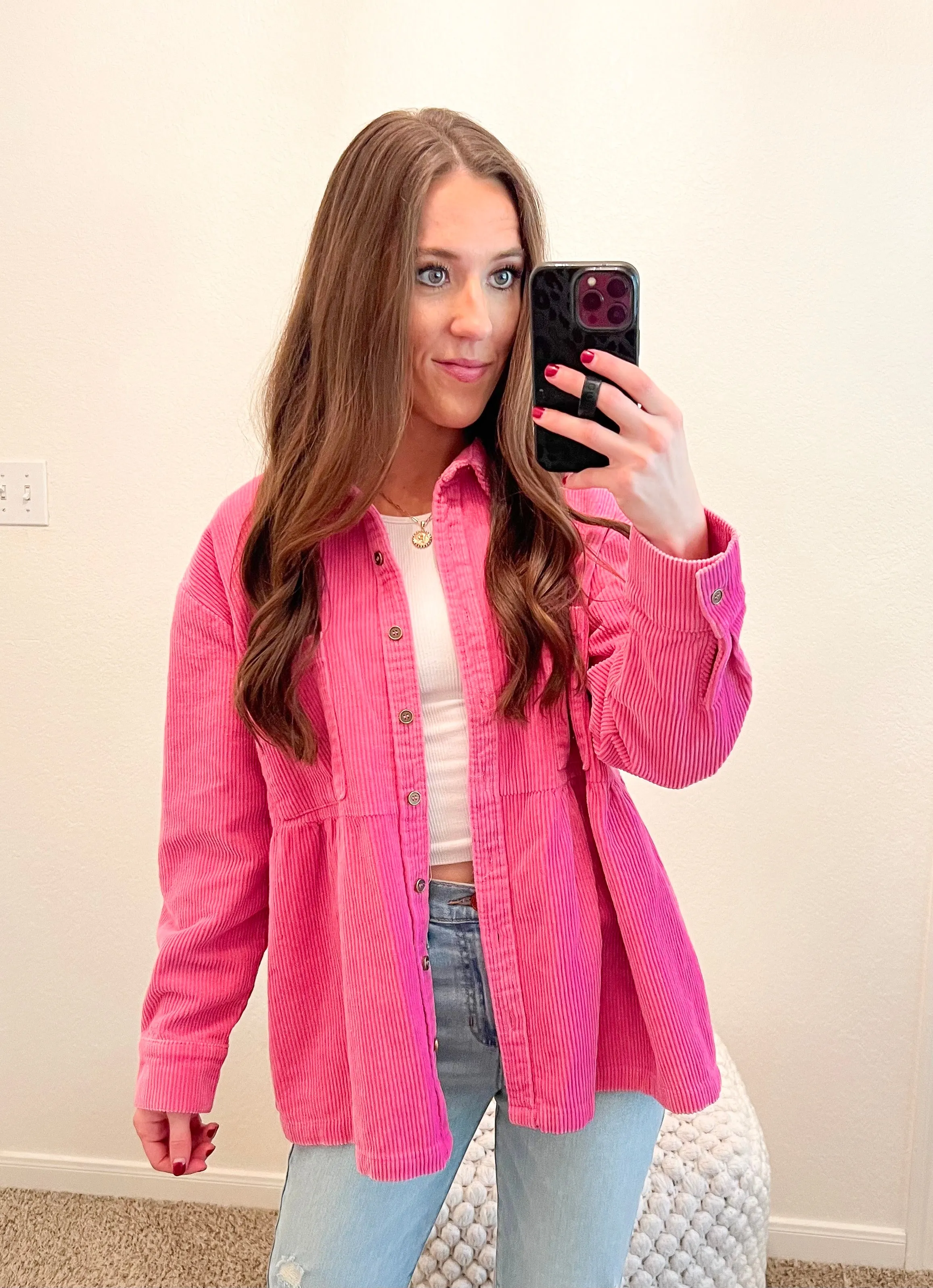 Bubblegum Corduroy Button Down Shacket