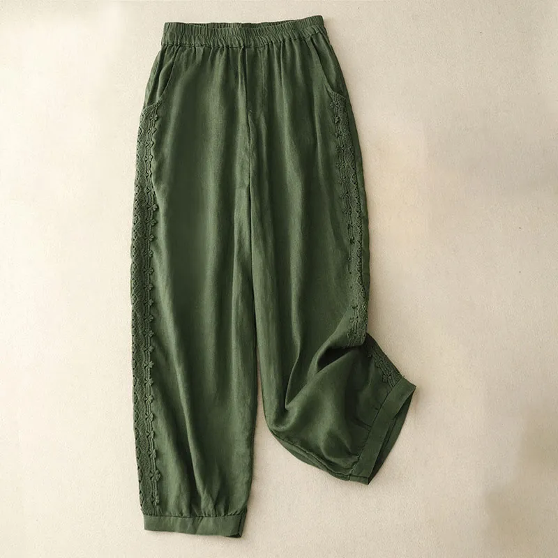 Buddha Stones Solid Color Lace Spliced Elastic Waist Harem Pants With Pockets