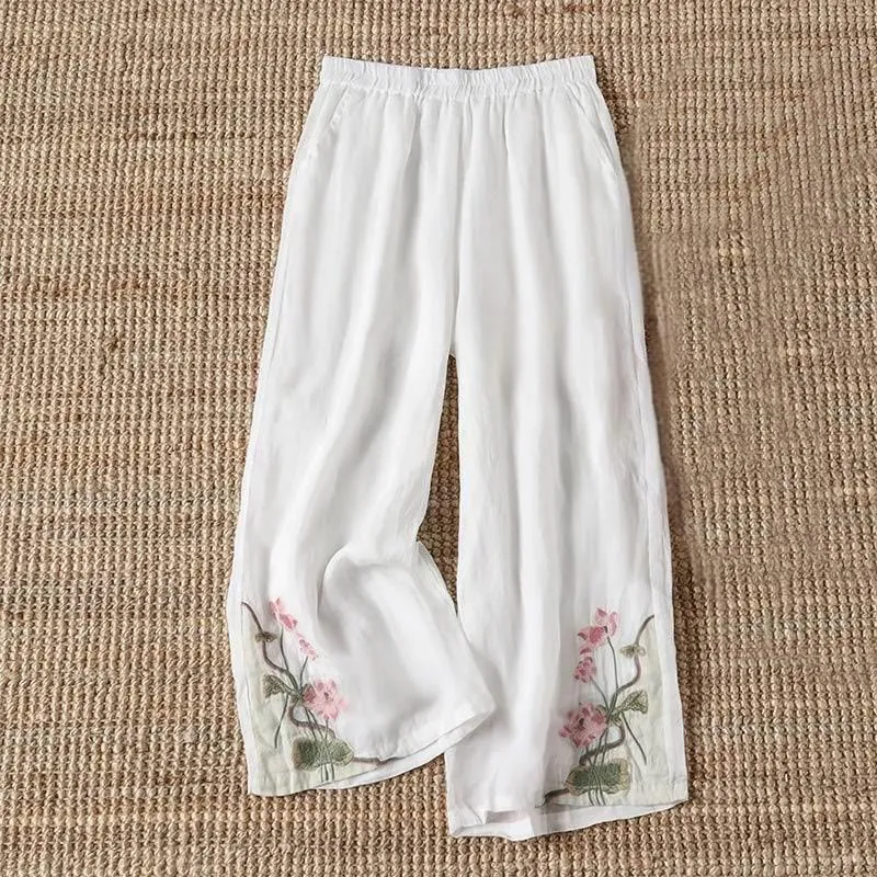 Buddha Stones Summer Embroidery Lotus Flower Lotus Leaf Pattern Women's Wide Leg Pants With Pockets