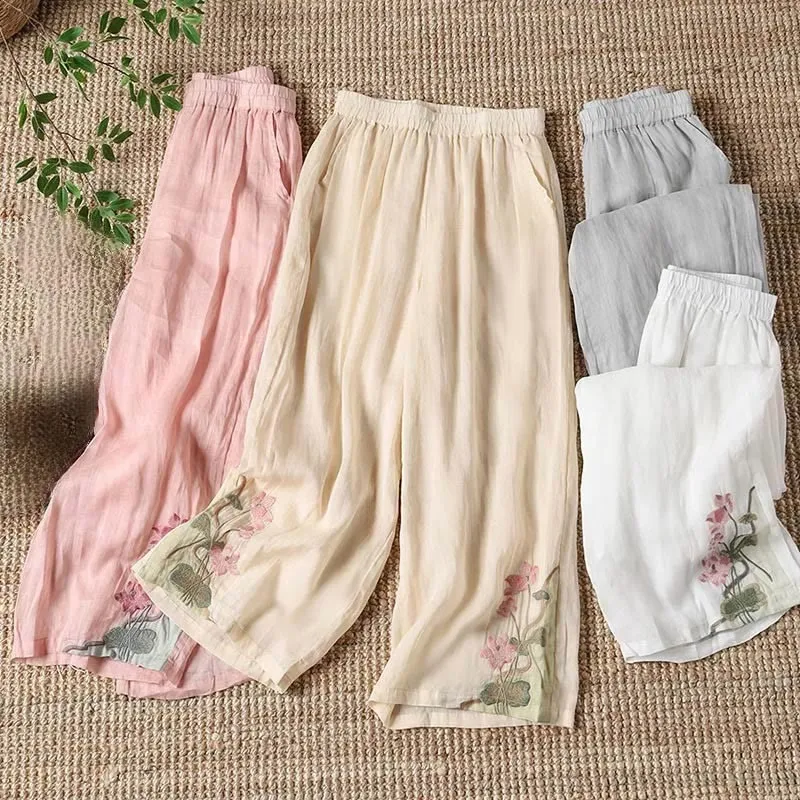 Buddha Stones Summer Embroidery Lotus Flower Lotus Leaf Pattern Women's Wide Leg Pants With Pockets