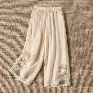 Buddha Stones Summer Embroidery Lotus Flower Lotus Leaf Pattern Women's Wide Leg Pants With Pockets