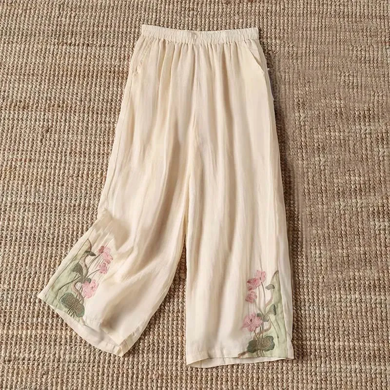 Buddha Stones Summer Embroidery Lotus Flower Lotus Leaf Pattern Women's Wide Leg Pants With Pockets