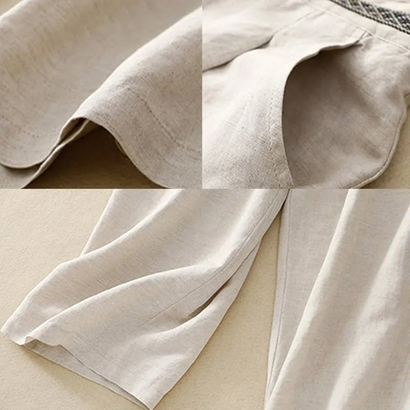 Buddha Stones Summer Plain Color 7-8 Length Cotton Linen Women's Wide Leg Pants With Pockets Zipper