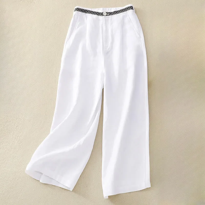 Buddha Stones Summer Plain Color 7-8 Length Cotton Linen Women's Wide Leg Pants With Pockets Zipper