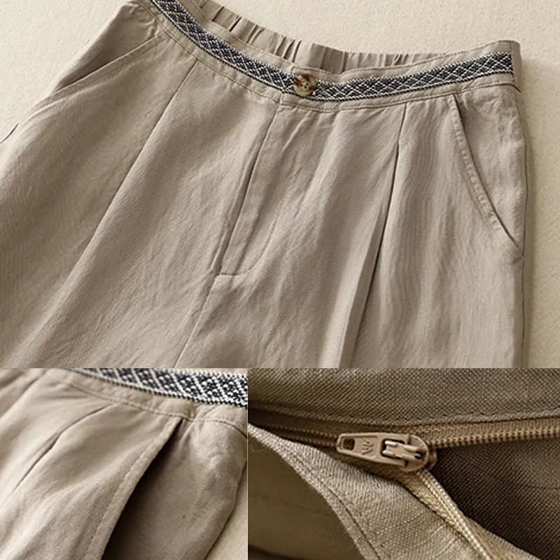 Buddha Stones Summer Plain Color 7-8 Length Cotton Linen Women's Wide Leg Pants With Pockets Zipper