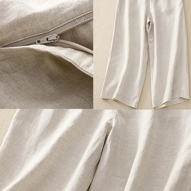 Buddha Stones Summer Plain Color 7-8 Length Cotton Linen Women's Wide Leg Pants With Pockets Zipper