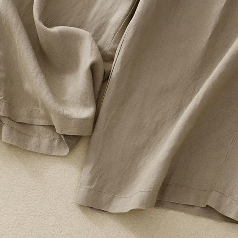 Buddha Stones Summer Plain Color 7-8 Length Cotton Linen Women's Wide Leg Pants With Pockets Zipper