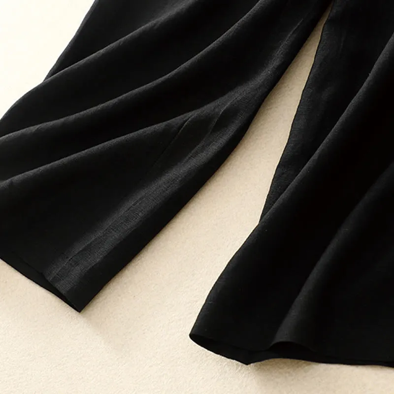 Buddha Stones Summer Plain Color 7-8 Length Cotton Linen Women's Wide Leg Pants With Pockets Zipper