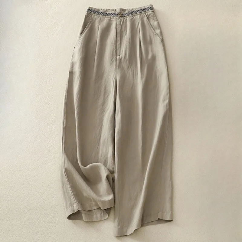 Buddha Stones Summer Plain Color 7-8 Length Cotton Linen Women's Wide Leg Pants With Pockets Zipper