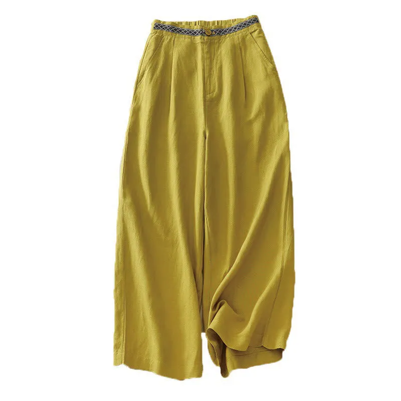 Buddha Stones Summer Plain Color 7-8 Length Cotton Linen Women's Wide Leg Pants With Pockets Zipper