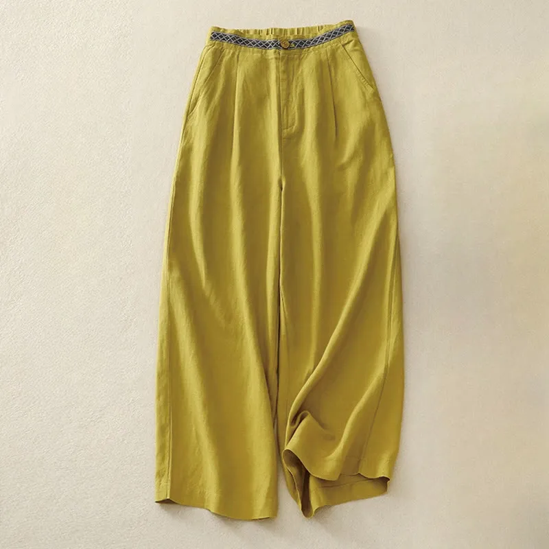 Buddha Stones Summer Plain Color 7-8 Length Cotton Linen Women's Wide Leg Pants With Pockets Zipper