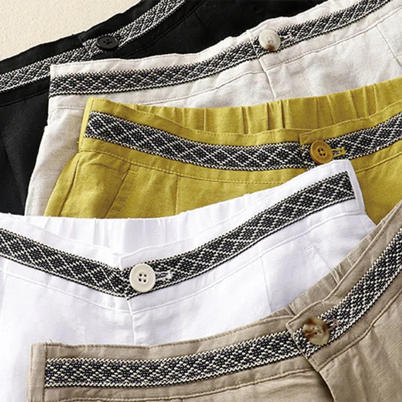 Buddha Stones Summer Plain Color 7-8 Length Cotton Linen Women's Wide Leg Pants With Pockets Zipper