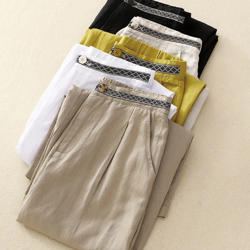 Buddha Stones Summer Plain Color 7-8 Length Cotton Linen Women's Wide Leg Pants With Pockets Zipper