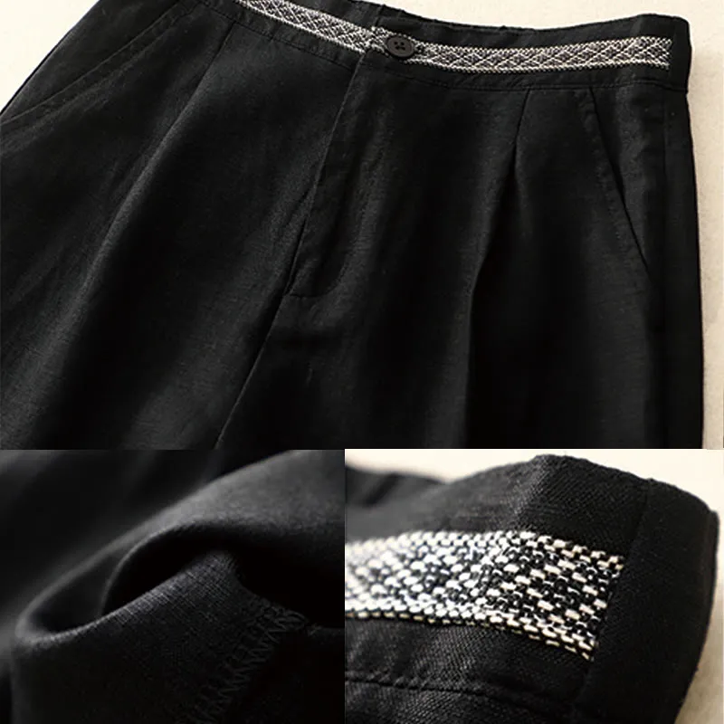 Buddha Stones Summer Plain Color 7-8 Length Cotton Linen Women's Wide Leg Pants With Pockets Zipper