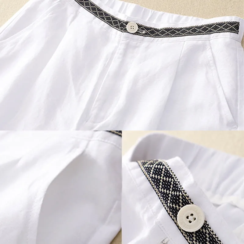 Buddha Stones Summer Plain Color 7-8 Length Cotton Linen Women's Wide Leg Pants With Pockets Zipper