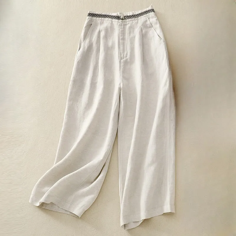 Buddha Stones Summer Plain Color 7-8 Length Cotton Linen Women's Wide Leg Pants With Pockets Zipper