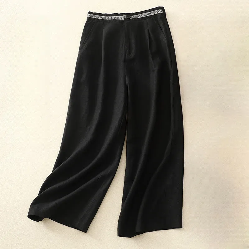 Buddha Stones Summer Plain Color 7-8 Length Cotton Linen Women's Wide Leg Pants With Pockets Zipper