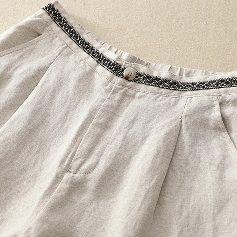 Buddha Stones Summer Plain Color 7-8 Length Cotton Linen Women's Wide Leg Pants With Pockets Zipper