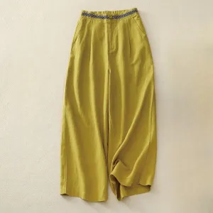 Buddha Stones Summer Plain Color 7-8 Length Cotton Linen Women's Wide Leg Pants With Pockets Zipper