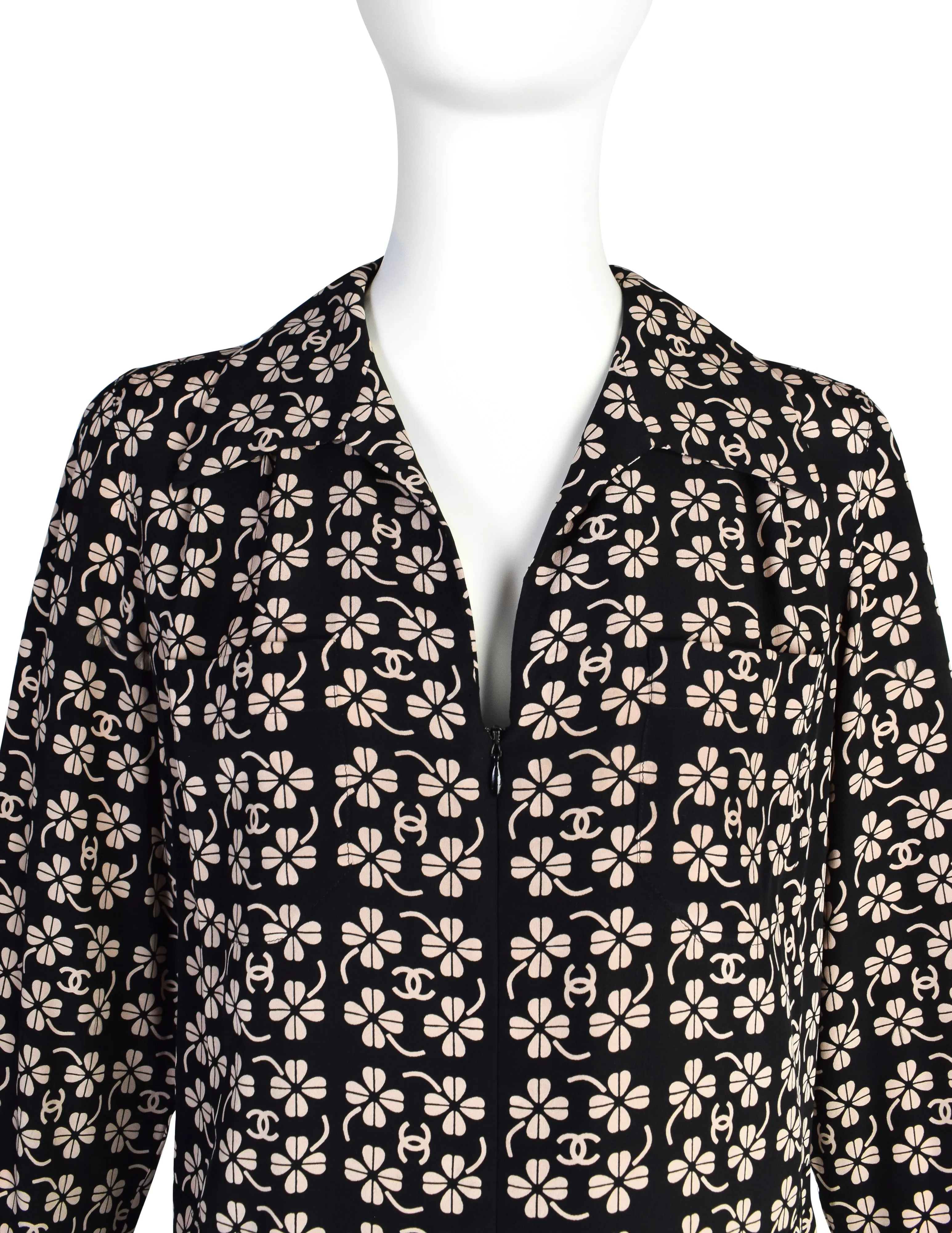 Chanel Vintage SS 2001 CC Logo and Clover Print Black and Beige Silk Shirt