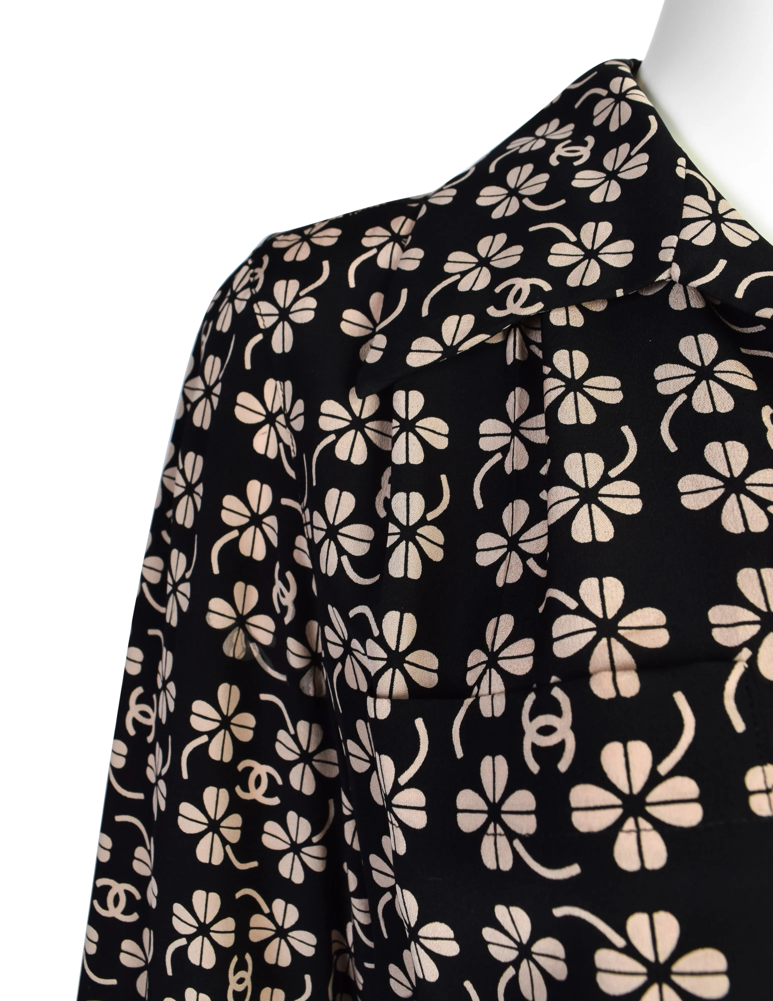 Chanel Vintage SS 2001 CC Logo and Clover Print Black and Beige Silk Shirt