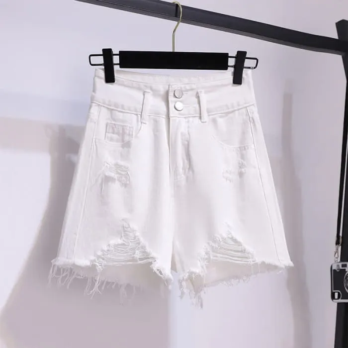 Chic Stripe Pocket Lapel T-Shirt Ripped Denim Shorts